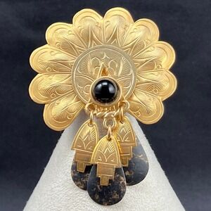 Vintage Brooch Etched Scalloped Gold Tone Black Boho Ethnic